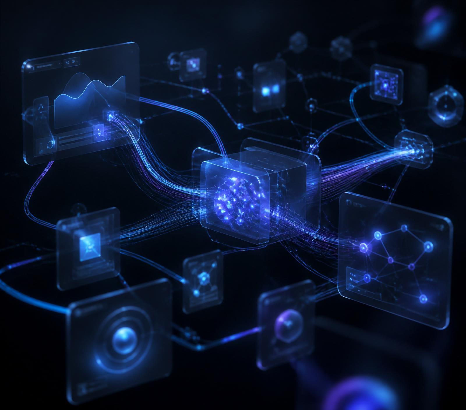 Visualização de sistemas de IA conectados e automações inteligentes da CatalisaLabs